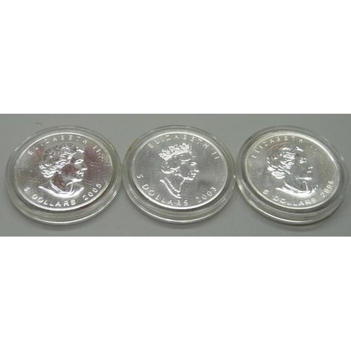 1095 - Three Canada silver dollar 5 dollars coins, each 1oz. 9999 fine silver