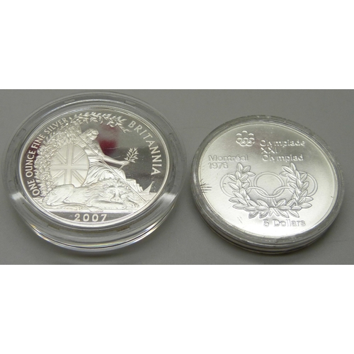 1098 - A one once fine silver Britannia £2 coin and a 1976 Olympiad five dollars silver coin