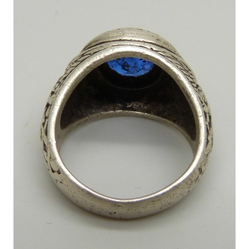 1100 - A sterling graduation ring, Kemper Military School, set with a blue stone, P, stone a/f