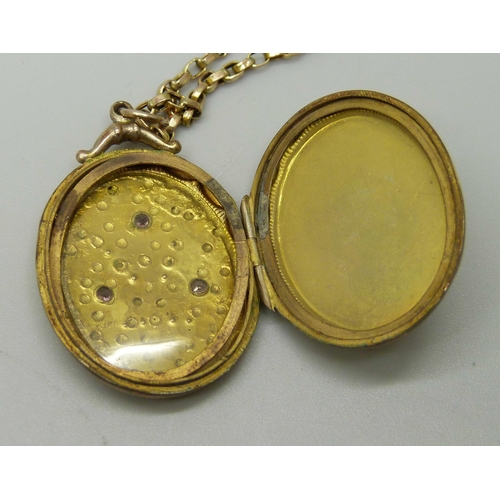 1102 - A yellow metal, amethyst and pearl locket on a 9ct gold chain, total weight 8.4g, chain 39cm, locket... 