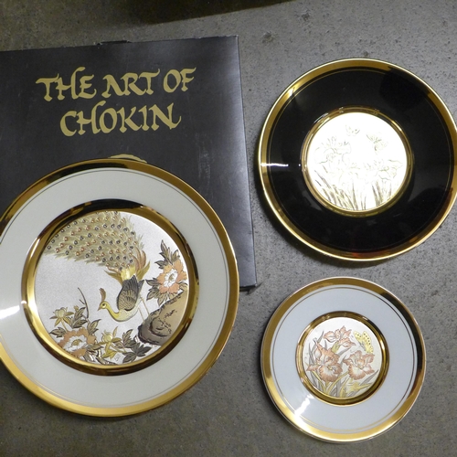 1185 - A pair of Goebel game pie lidded dishes; duck and wild boar, Chokin 24kt gold rimmed plates and a po... 