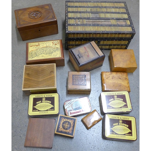 1192 - A porcupine quill box, with bone inlay, other wooden boxes and tins **PLEASE NOTE THIS LOT IS NOT EL... 