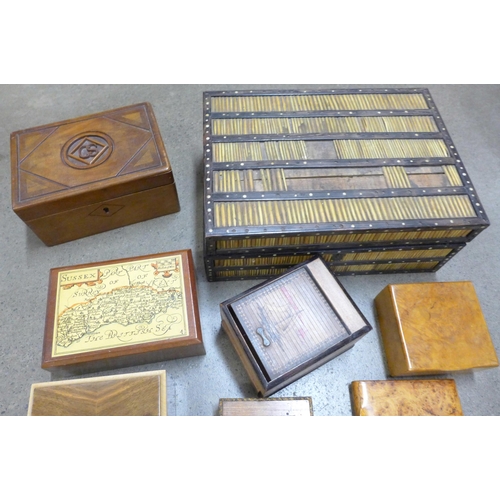 1192 - A porcupine quill box, with bone inlay, other wooden boxes and tins **PLEASE NOTE THIS LOT IS NOT EL... 