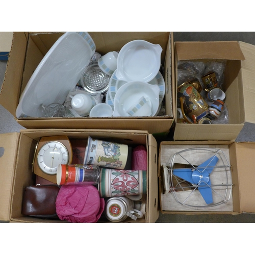 1193 - Three boxes of assorted items including oriental china, a collection of Pyrex, books, clocks, desk f... 