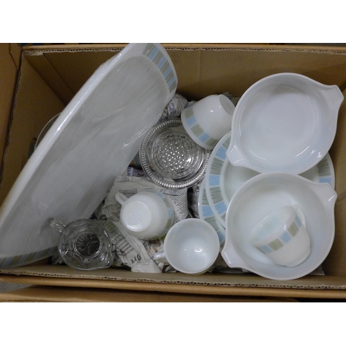 1193 - Three boxes of assorted items including oriental china, a collection of Pyrex, books, clocks, desk f... 