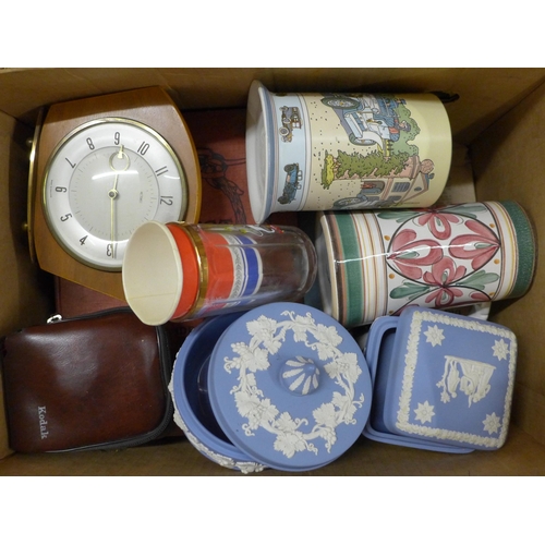 1193 - Three boxes of assorted items including oriental china, a collection of Pyrex, books, clocks, desk f... 