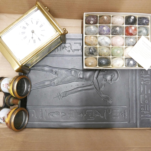 1221 - A boxed mineral collection, a carriage clock, vintage opera glasses with hand painted detail a/f, an... 