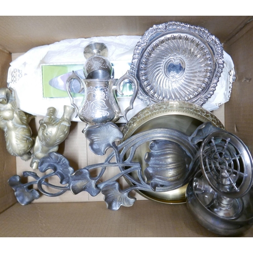 1229 - A box of metalwares including Art Nouveau style wall sculpture, a pair of brass elephants, candelabr... 