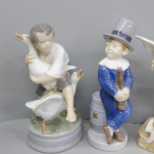 637 - Three Royal Copenhagen figures, Fantails, Boy Juggler and Goose-thief (Goose-thief a/f)