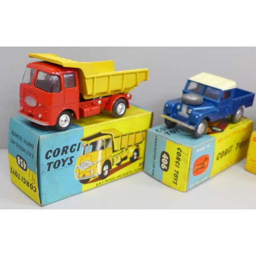 648 - Five die-cast model vehicles, Corgi Toys 209 Riley Pathfinder, 406 Land-rover and 458 Erf earth dump... 