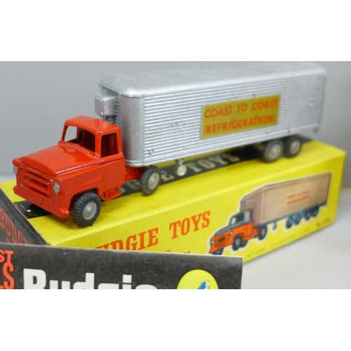 649 - Three Budgie Toys die-cast vehicles, Cattle Truck, 202 Refrigeration Truck and 236 Routemaster bus, ... 