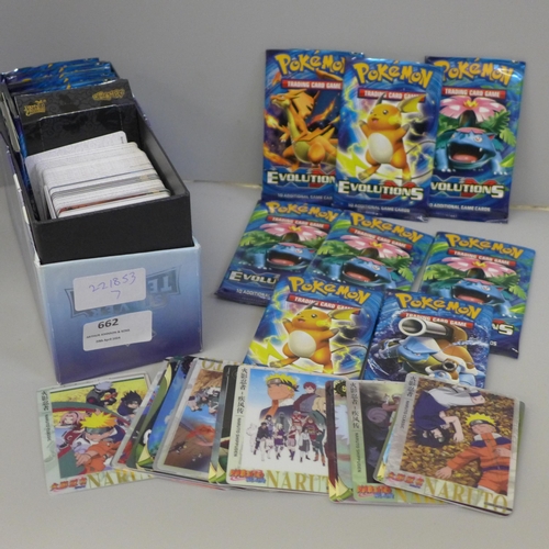 662 - Pokemon Evolutions cards, in opened packs and Naruto gaming cards