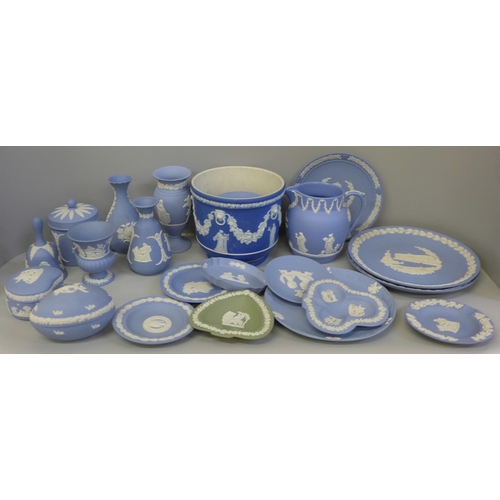 674 - A box of approximately 20 items of Wedgwood Jasperware including a jardiniere, jug, vases, lidded po... 