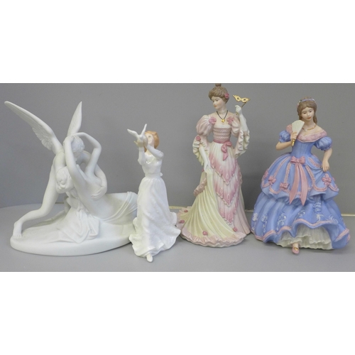 677 - Four assorted figures; Royal Doulton Thinking of You, two Wedgwood The Imperial Banquet and The Turn... 