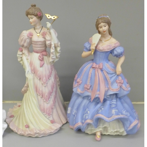 677 - Four assorted figures; Royal Doulton Thinking of You, two Wedgwood The Imperial Banquet and The Turn... 