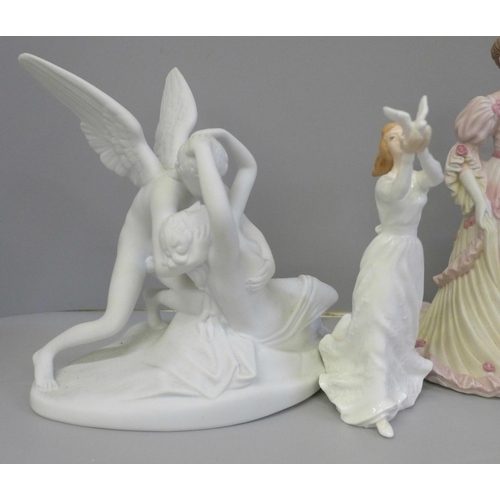 677 - Four assorted figures; Royal Doulton Thinking of You, two Wedgwood The Imperial Banquet and The Turn... 