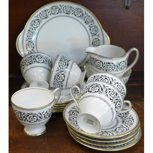 681 - A Shelley Black Grecian Scroll, 14294 pattern five setting tea set