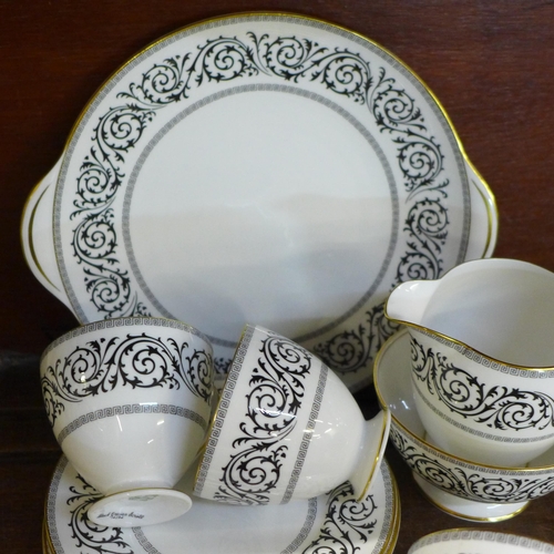 681 - A Shelley Black Grecian Scroll, 14294 pattern five setting tea set