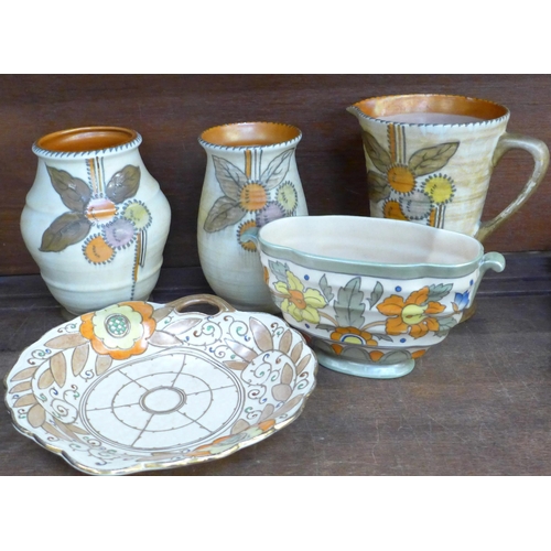 685 - A Bursley ware Charlotte Rhead tube lined dish, two Crown Ducal vases, pitcher and posy vase