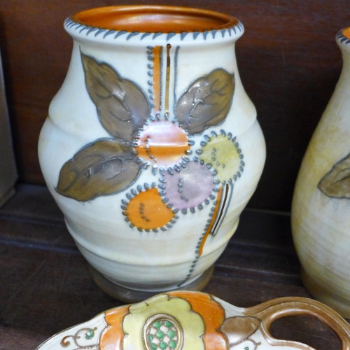 685 - A Bursley ware Charlotte Rhead tube lined dish, two Crown Ducal vases, pitcher and posy vase