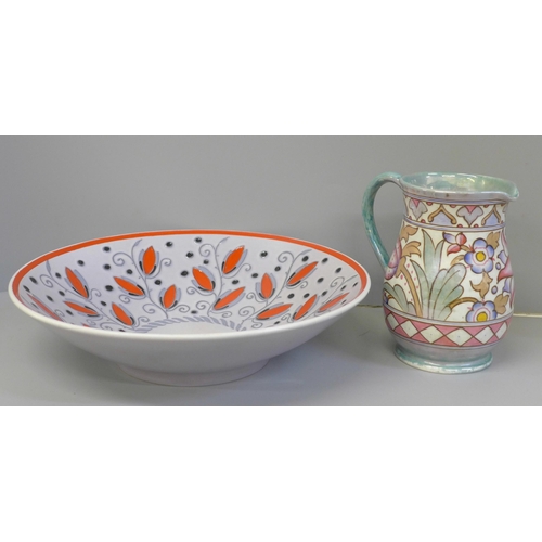 688 - Two pieces of Charlotte Rhead Bursley ware, a large bowl and a jug