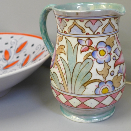 688 - Two pieces of Charlotte Rhead Bursley ware, a large bowl and a jug