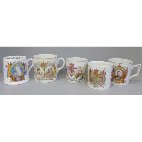 696 - Five commemorative Coronation mugs, including Edward VII, Edward VIII, George V and George VI