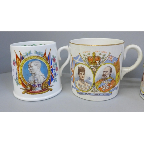 696 - Five commemorative Coronation mugs, including Edward VII, Edward VIII, George V and George VI