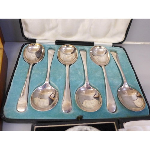 700 - A cased set of 24 silver plate and mother of pearl fish knives and forks, a cased set of six Walker ... 