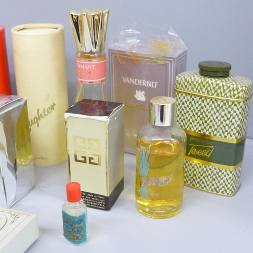 714 - A box of perfumes, Nina Ricci, Vanderbilt, etc., and fragranced talcs