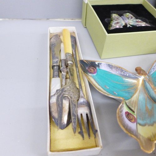 717 - Two enamel boxes, Bilston and Crummles, a Papillon Austrian crystal butterfly box, Wedgwood miniatur... 