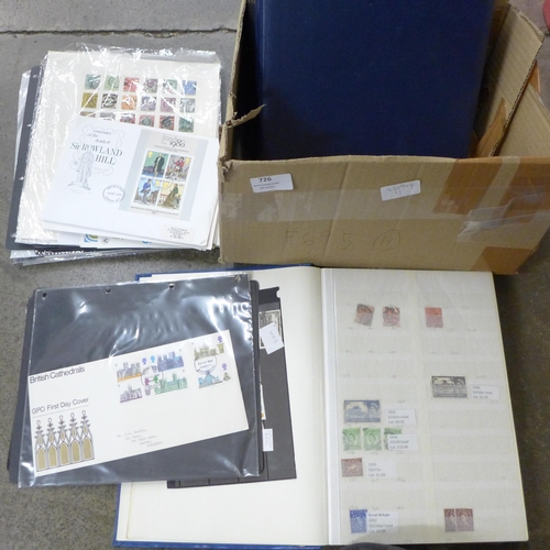 726 - Stamps; a box of GB stamps, covers, etc.