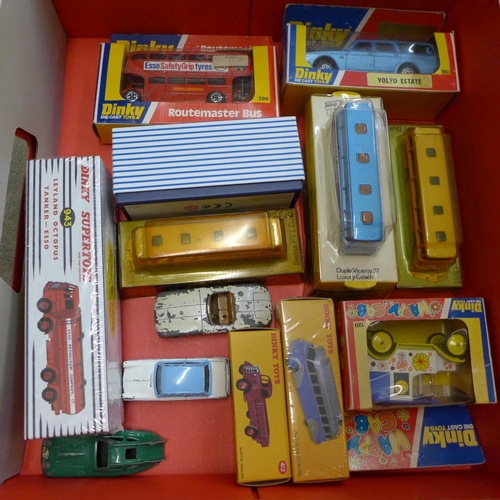 749 - Two x Dinky Toys Swiss PTT Bus 293, four other original boxed Dinky Toys, three original loose and f... 