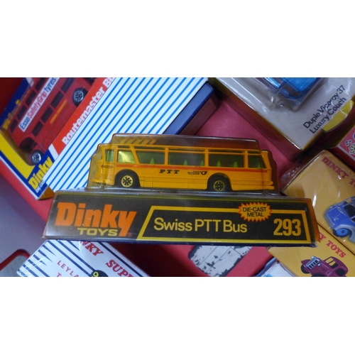 749 - Two x Dinky Toys Swiss PTT Bus 293, four other original boxed Dinky Toys, three original loose and f... 