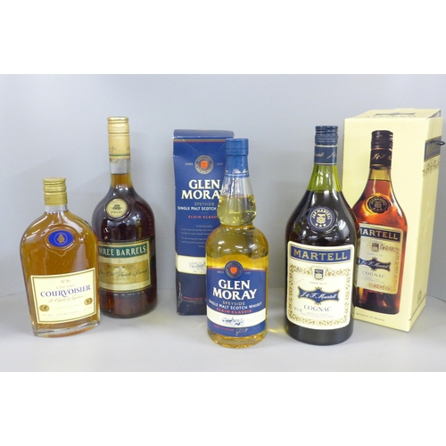 810 - Four bottles of alcohol, Courvoisier, Three Barrels, Glen Moray Elgin Classics single malt and Marte... 