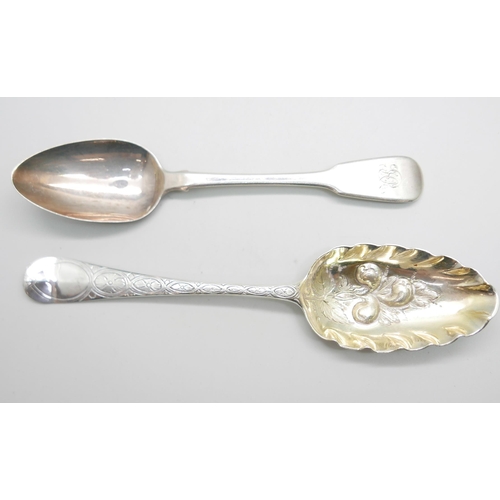 887 - A George II silver berry spoon by Elizabeth Oldfield and an early 19th Century silver spoon by Sarah... 