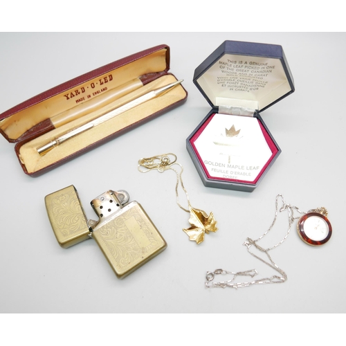 899 - A rolled gold Yard-O-Led pencil, a silver gilt chain with 'Golden Maple Leaf' pendant, a Zippo light... 