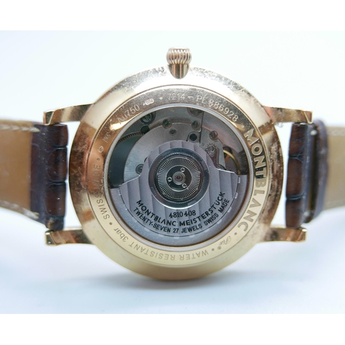 900 - An 18ct gold Mont Blanc automatic wristwatch, model 107076, 7214-PL886928, with box and service guid... 