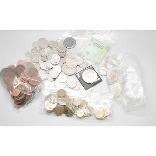 904 - Coins; 188g of 1920 to 1946 half-silver coins, a cartwheel penny, other British and foreign coins an... 