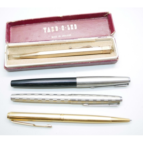 919 - A Yard-O-Led rolled gold pencil in original box and three Parker pens