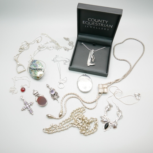 931 - Silver and white metal jewellery including Swarovski, a silver locket, an Art Nouveau style silver n... 