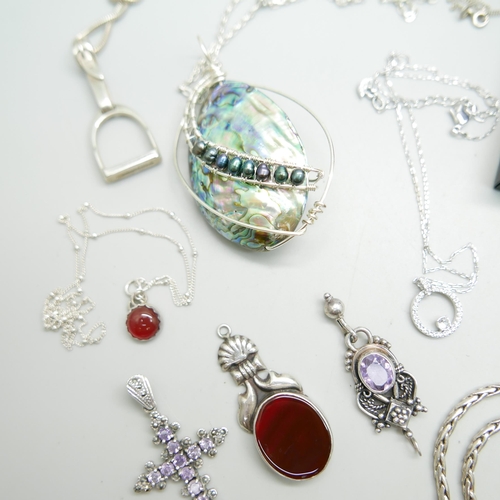 931 - Silver and white metal jewellery including Swarovski, a silver locket, an Art Nouveau style silver n... 