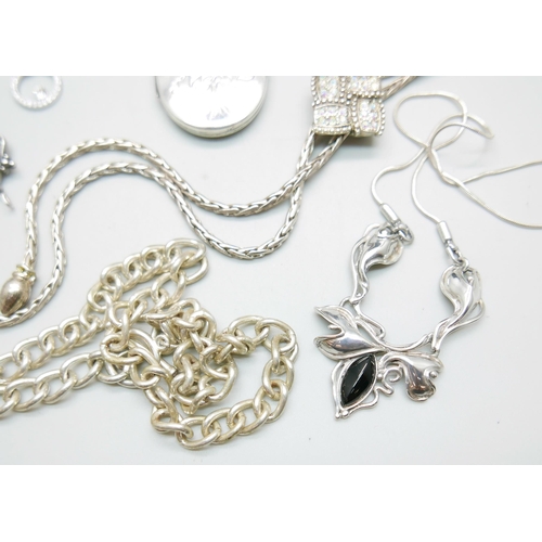 931 - Silver and white metal jewellery including Swarovski, a silver locket, an Art Nouveau style silver n... 