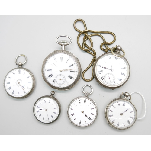 939 - A collection of silver pocket and fob watches, (6)