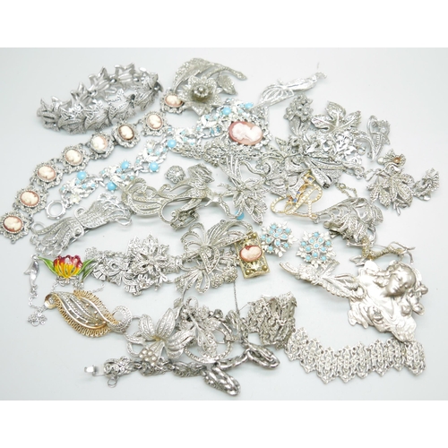 964 - A collection of paste set jewellery, a silver and marcasite brooch, an Art Nouveau style lady in the... 