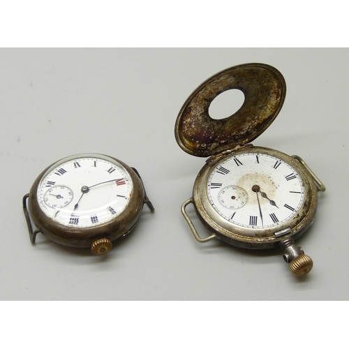 974 - Two silver watches, a trench watch and a converted silver Elgin half-hunter