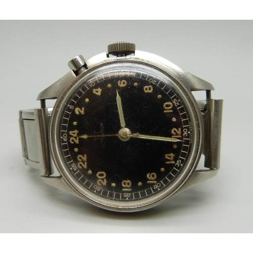 977 - A German Lemania single button chronometer with 24-hour dial and sweep second hand, 39mm case