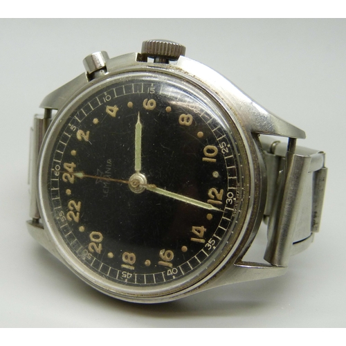 977 - A German Lemania single button chronometer with 24-hour dial and sweep second hand, 39mm case