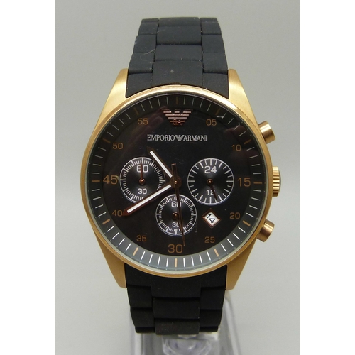 989 - A gentleman's rose gold plated Emporio Armani stainless steel quartz wristwatch with black dial