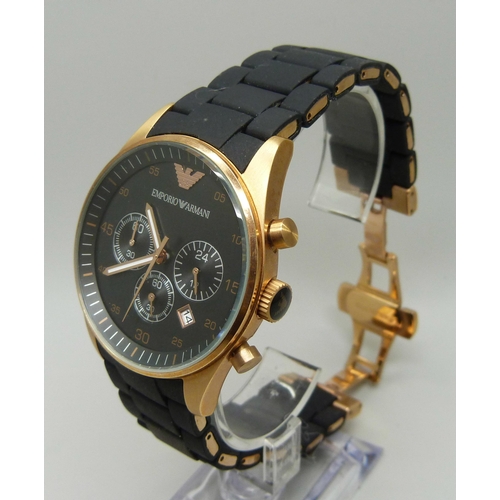 989 - A gentleman's rose gold plated Emporio Armani stainless steel quartz wristwatch with black dial